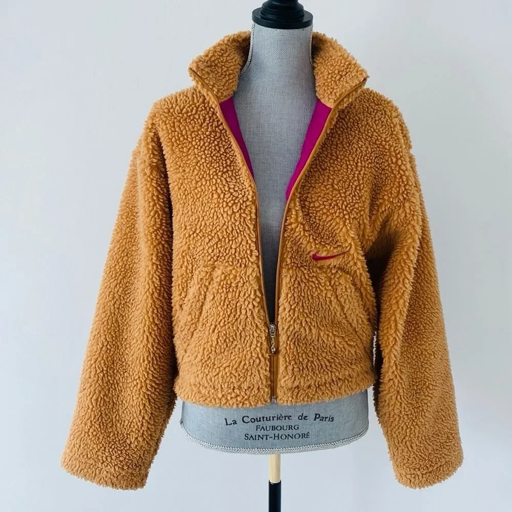 Nike Brown Sherpa Fleece Jacket Pink Embroidered Logo S Sold by Revolve - Picture 3 of 13